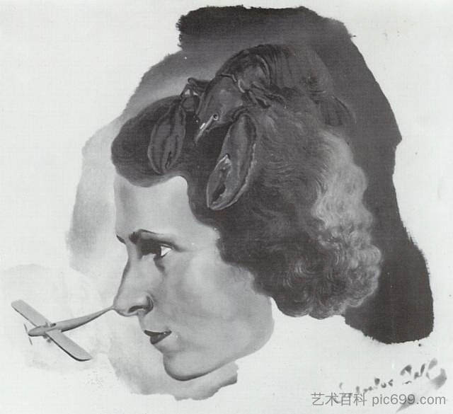 嘎拉与龙虾的肖像(嘎拉与飞机机头的肖像) Portrait of Gala with a Lobster (Portrait of Gala with Aeroplane Nose) (c.1934),萨尔瓦多·达利