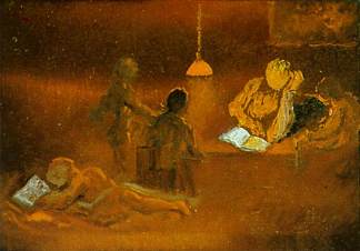 阅读。家庭场景由灯光 Reading. Family Scene by Lamplight (1981)，萨尔瓦多·达利