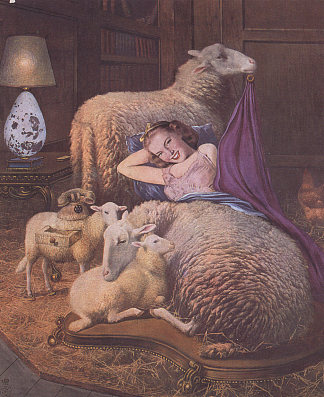 躺在羊群里的女孩 Reclining girl in sheep (1942)，萨尔瓦多·达利
