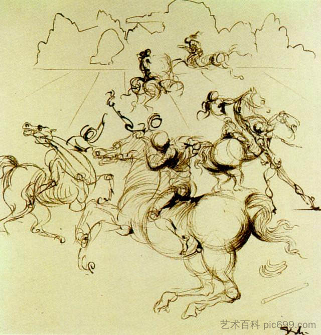 超现实主义骑士为四部分屏幕,中右, Surrealist Knights for a Four-part Screen, Centre Right, (c.1934),萨尔瓦多·达利