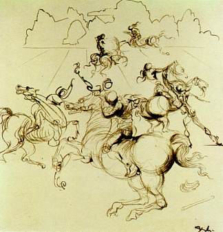 超现实主义骑士为四部分屏幕，中右， Surrealist Knights for a Four-part Screen, Centre Right, (c.1934)，萨尔瓦多·达利