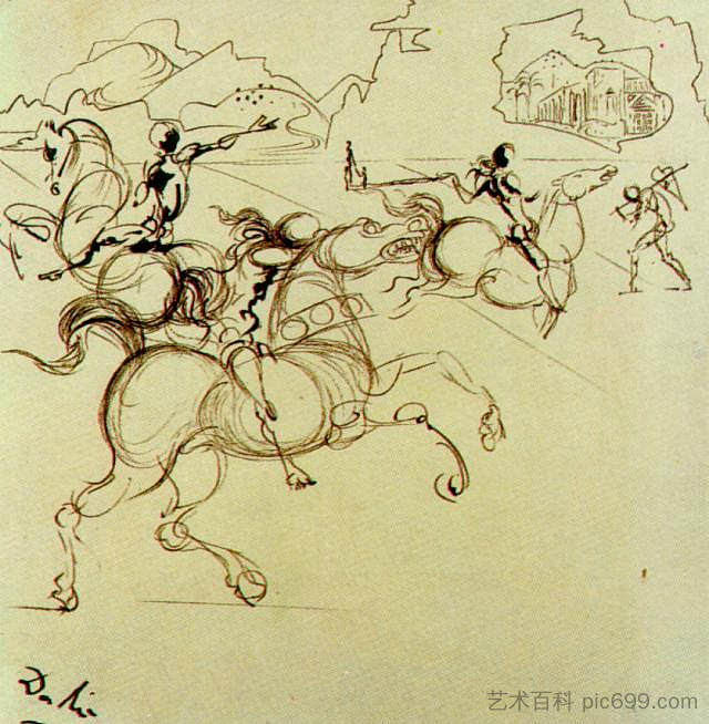 超现实主义战士四部分屏幕，中左 Surrealist Warriors for a Four-part Screen, Centre Left (c.1934)，萨尔瓦多·达利