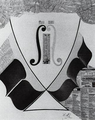 无题 – 西班牙贵族的头像，由燕尾巴和大提琴的两半组成的灾难模型制成 Untitled – Head of a Spanish Nobleman, Fashioned by the Catastrophe Model from a Swallow’s Tail and Two Halves of a Cello (1983)，萨尔瓦多·达利