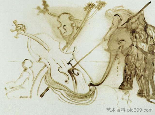 骑在大象上的勇士压倒了大提琴 Warrior Mounted on an Elephant Overpowering a Cello (1983)，萨尔瓦多·达利