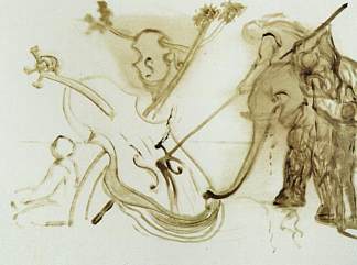 骑在大象上的勇士压倒了大提琴 Warrior Mounted on an Elephant Overpowering a Cello (1983)，萨尔瓦多·达利