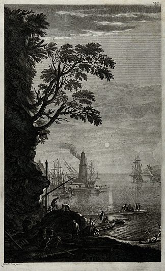 傍晚的海港，男人们在前台工作 A Harbour in the Evening with Men Working in the Foreground，萨尔瓦托雷·罗莎