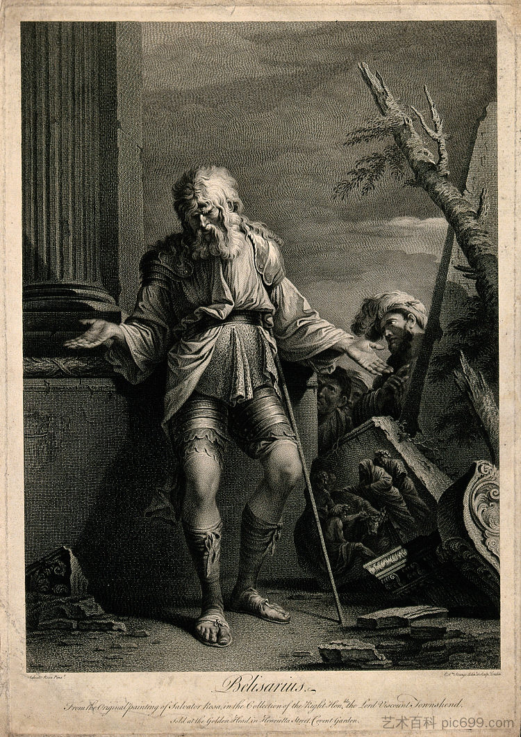 贝利撒留饰演 一个老人，拿着一根棍子，靠在科鲁身上 Belisarius as An Old Man, with a Stick, Leans Against a Colu，萨尔瓦托雷·罗莎