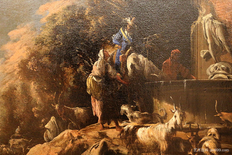 喷泉旁的牧羊人，骑士和牛群的景观 Paesaggio Con Pastori, Cavaliere E Armenti Presso Una Fontana (1673)，萨尔瓦托雷·罗莎