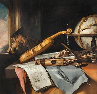 瓦尼塔斯静物与有思想的年轻人 Vanitas Still Life with Thinking Young Man (c.1645)，塞缪尔·德克斯兹·凡·霍赫斯特拉腾