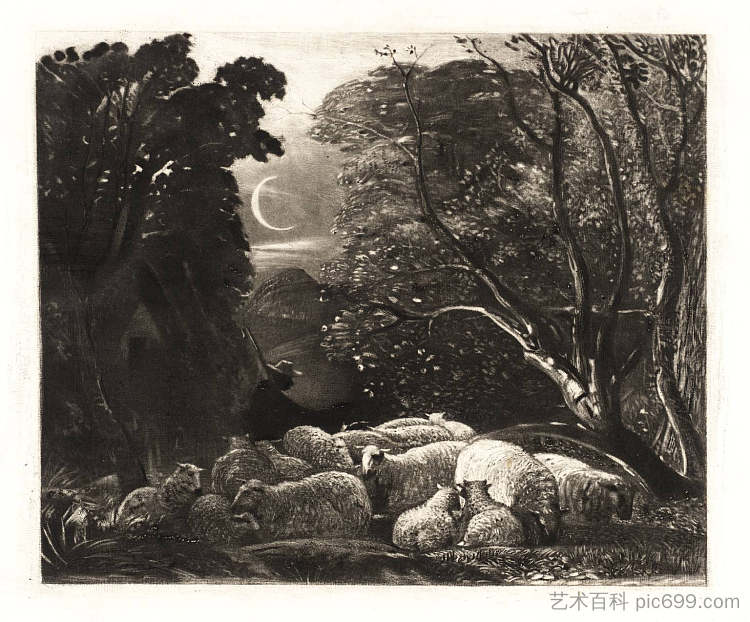 晚上,由韦尔比·谢尔曼雕刻 Evening, engraved by Welby Sherman (1834),塞缪尔·帕默