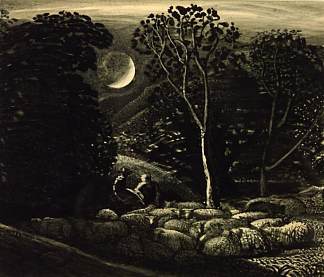 月光，绵羊的风景 Moonlight, a Landscape with Sheep (1833)，塞缪尔·帕默