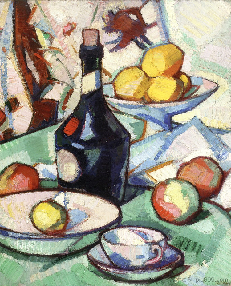 静物与本笃会瓶子和水果 Still Life with Benedictine Bottle and Fruit (1917)，塞缪尔·佩普卢