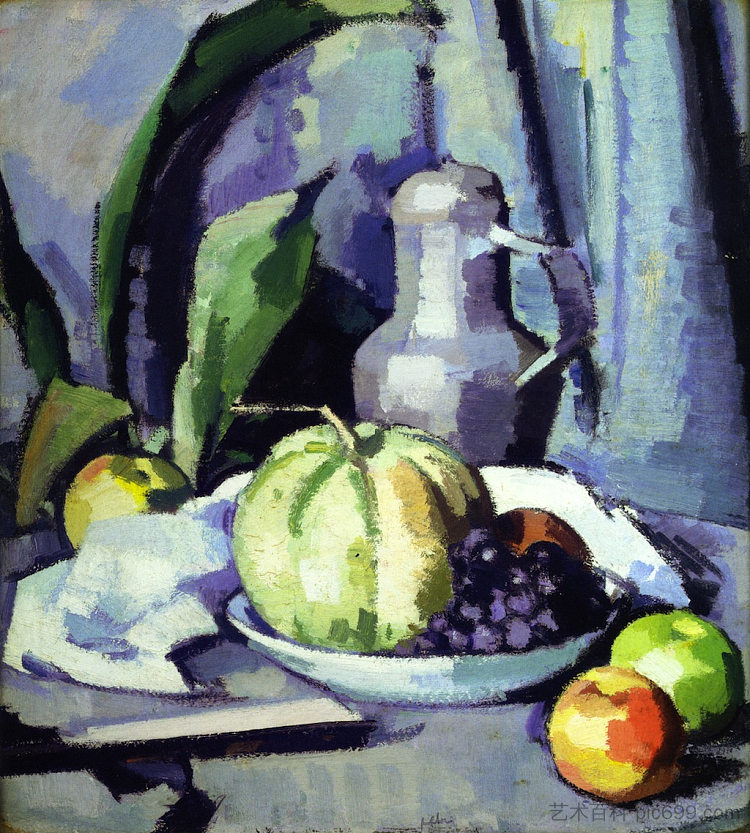 静物与水壶，甜瓜，葡萄和苹果 Still Life with Jug, Melon, Grapes and Apples (1927)，塞缪尔·佩普卢