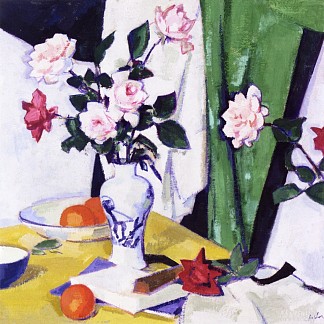静物与粉红色和红色玫瑰在中国花瓶中 Still Life with Pink and Red Roses in a Chinese Vase (1923)，塞缪尔·佩普卢