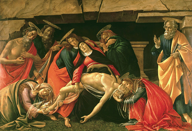 与圣徒吉罗拉莫、彼得罗和保罗一起为死去的基督哀悼 Lamentation over the Dead Christ with the saints Girolamo, Pietro and Paolo (c.1490 - c.1492)，山德罗·波提切利