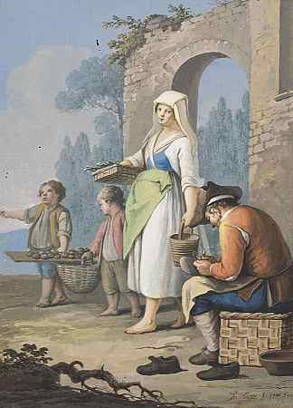 有两个孩子和鞋匠的卖家 Seller with two children and cobbler (1799)，萨维里奥德拉加塔
