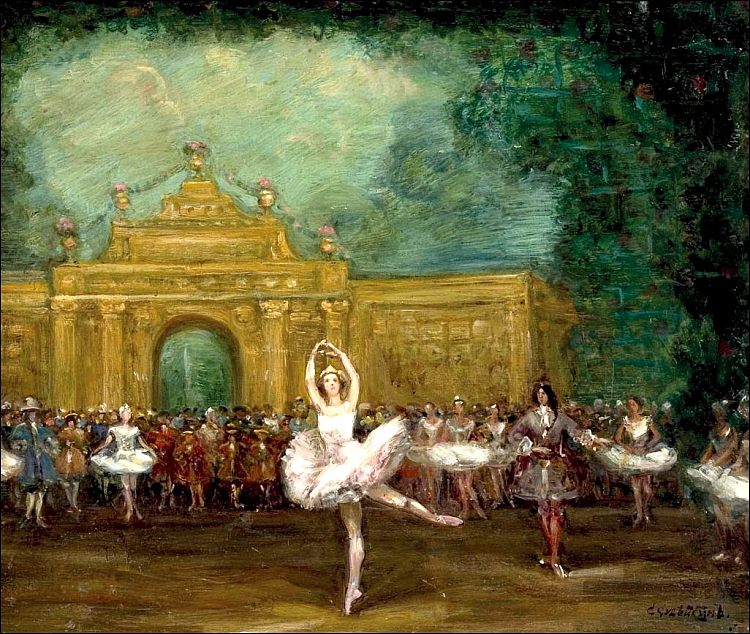 俄罗斯芭蕾舞剧（巴甫洛娃和尼金斯基在“阿米德亭”中） Russian ballet (Pavlova and Nijinsky in “Pavillon d'Armide”) (1907; Russian Federation  )，谢尔盖苏迪金