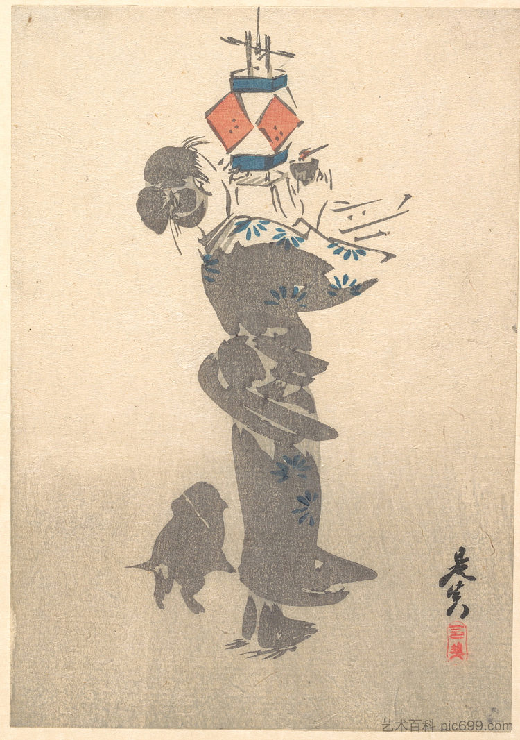 为盂兰盆节点亮悬挂的灯笼 Lighting a Hanging Lantern for the Obon Festival (1860)，柴田是真