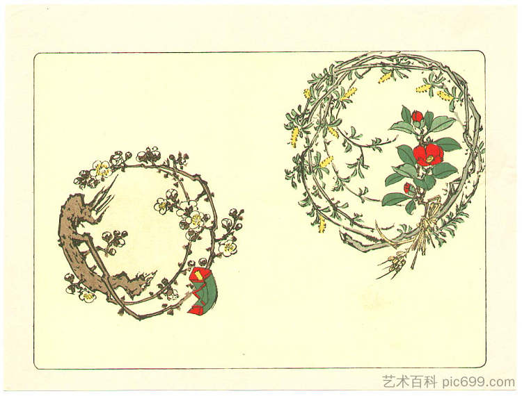 两个花圈 - 花的比较 Two Wreaths - Comparison of Flowers (1890)，柴田是真