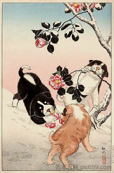 雪中的山茶花和小狗 Camellia and Puppies in Snow (1936)，高桥松亭