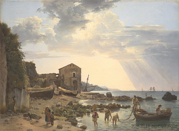 索伦托的小港口,俯瞰伊斯基亚岛和普罗奇达岛 Small harbor in Sorrento overlooking the islands of Ischia and Procida (1826; Italy ),西尔维斯特·谢德林