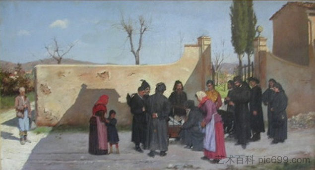 将病人运送到巴泰利别墅,背景是菲耶索莱山丘 The transport of the sick to Villa Batelli with the hills of Fiesole in the background,西尔维斯特联赛
