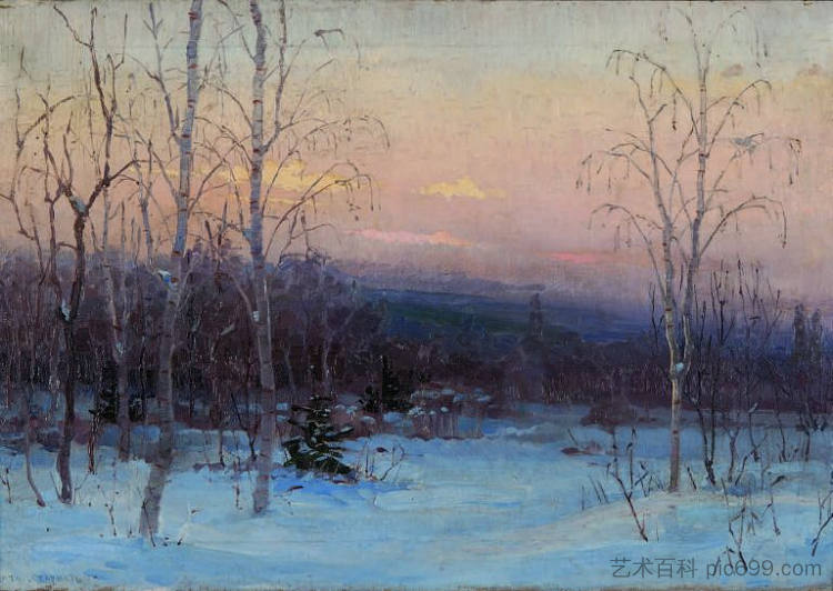 冬季景观与白桦树 Winter landscape with birch trees，西蒙·维尔科夫