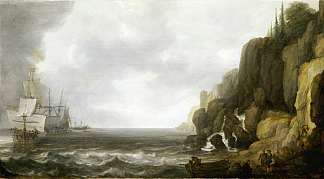 荷兰船只在岩石海岸上撤退 Dutch Ships Revictualling off a Rocky Coast (1637)，西蒙·德·弗利格