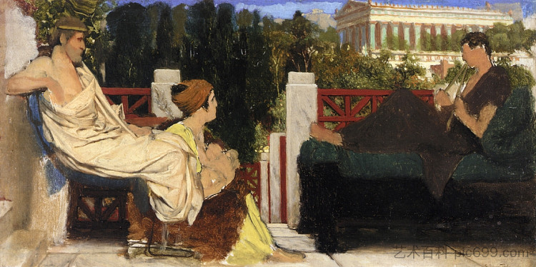 雅典卫城露台上的人物 Figures on the Terrace by the Acropolis (c.1870 - 1874)，劳伦斯·阿尔玛·塔德玛