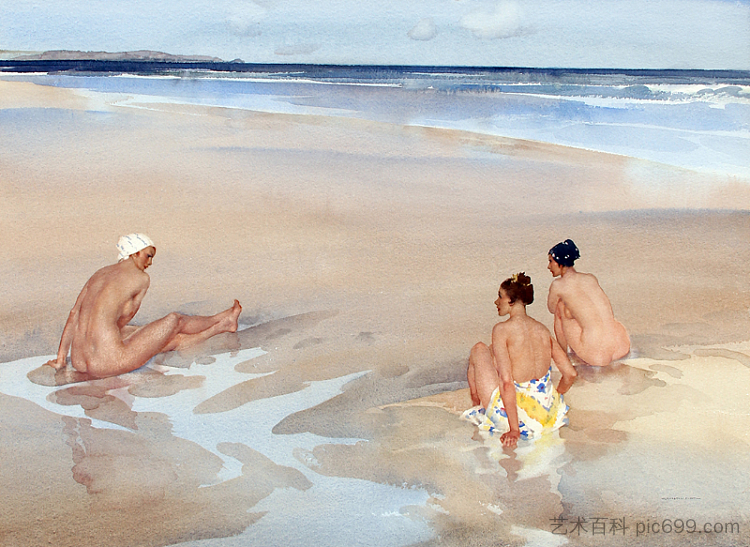 伊芙琳娜、米拉贝尔和爱丽丝在班堡沙滩（诺森伯兰郡） Evelina, Mirabel and Alice on Bamburgh Sands (Northumberland)，威廉罗素弗林特