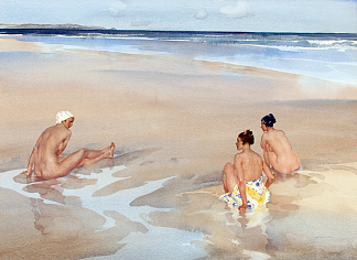 伊芙琳娜、米拉贝尔和爱丽丝在班堡沙滩（诺森伯兰郡） Evelina, Mirabel and Alice on Bamburgh Sands (Northumberland)，威廉罗素弗林特