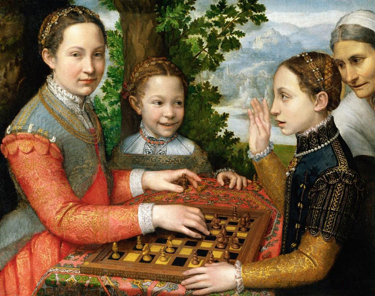 露西亚、密涅瓦和欧罗巴安吉索拉下棋 Lucia, Minerva and Europa Anguissola Playing Chess (1555),索福尼斯巴·安圭索拉