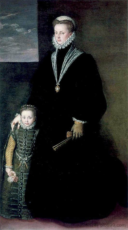 奥地利胡安娜与年轻女孩的肖像 Portrait of Juana of Austria with a Young Girl (1561)，索福尼斯巴·安圭索拉