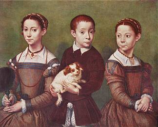 三个孩子和狗 Three children with dog (1590)，索福尼斯巴·安圭索拉