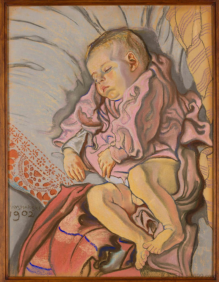 睡在枕头上的孩子 Sleeping child on a pillow (1902; Poland  )，斯坦尼斯拉夫·维斯皮安斯基