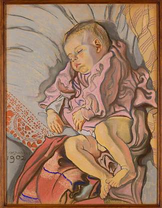 睡在枕头上的孩子 Sleeping child on a pillow (1902; Poland                     )，斯坦尼斯拉夫·维斯皮安斯基