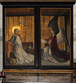 天使报喜（多姆比尔德祭坛画，关闭） The Annunciation (The Dombild Altarpiece, close) (c.1445)，斯特凡·洛赫纳