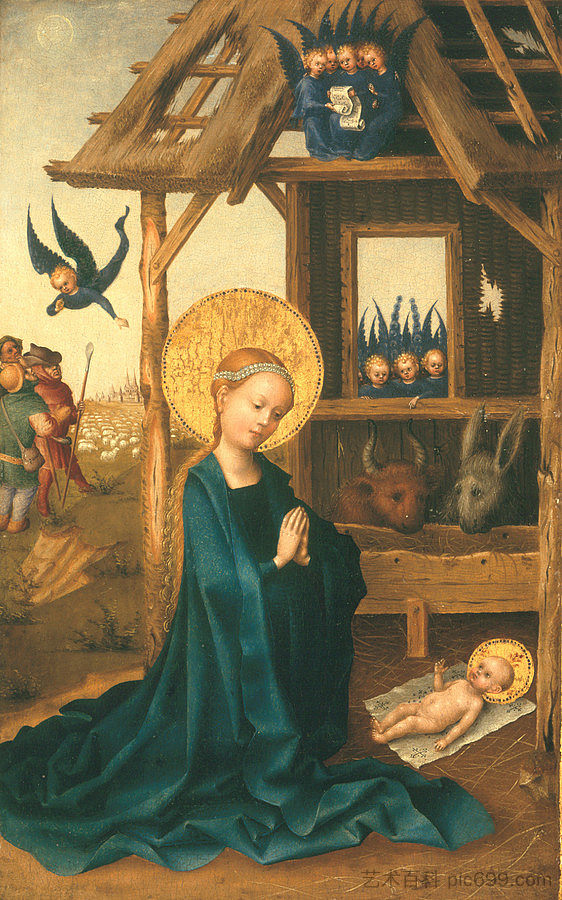 圣母对圣婴的崇拜（耶稣诞生） Adoration of the Christ Child by the Virgin (the Nativity) (c.1445)，斯特凡·洛赫纳