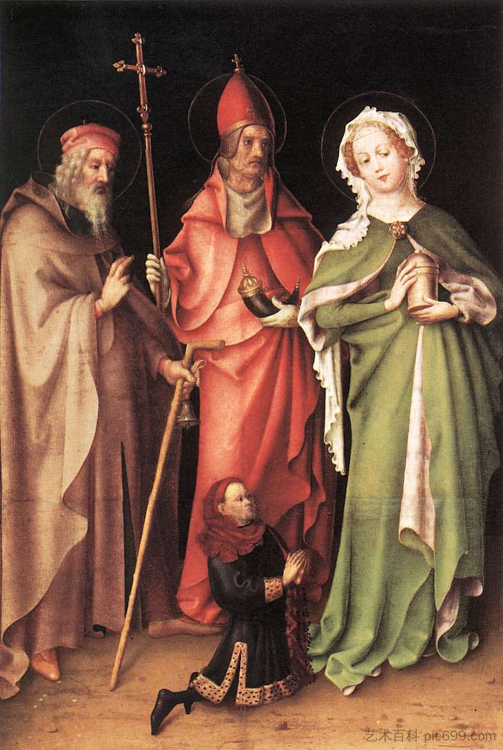 隐士圣安东尼、哥尼流和抹大拉的玛丽亚与捐赠者 Sts Anthony the Hermit, Cornelius and Mary Magdalen with a Donor (c.1445)，斯特凡·洛赫纳