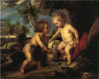 鲁本斯之后的圣婴和圣约翰 The Christ Child and the Infant St. John after Rubens (1883)，T·C·斯蒂尔