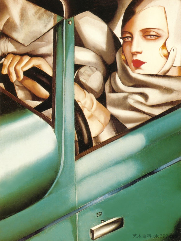 我的肖像（绿色布加迪的自画像） My Portrait (Self-Portrait in the Green Bugatti) (1929)，塔玛拉·德·蓝碧嘉