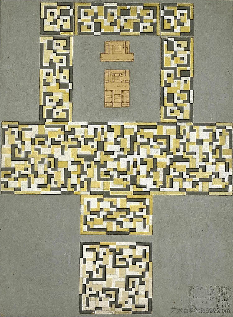 瓷砖地板和入口大厅的设计 Design for a tile floor, and entrance hall (c.1917)，特奥·凡·杜斯伯格