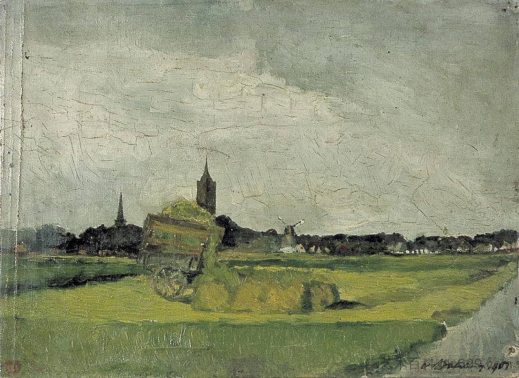 有干草车，教堂塔楼和风车的景观 Landscape with hay cart, church towers and windmill (1901)，特奥·凡·杜斯伯格