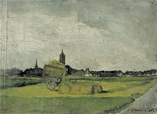 有干草车，教堂塔楼和风车的景观 Landscape with hay cart, church towers and windmill (1901)，特奥·凡·杜斯伯格