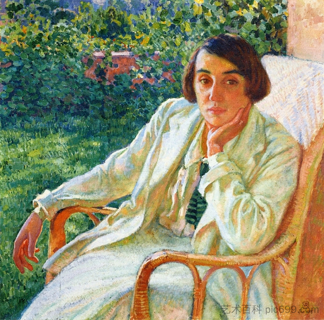 伊丽莎白·范·雷塞尔伯格坐在藤椅上 Elizabeth van Rysselberghe in a Cane Chair (1916)，西奥·凡·莱西尔伯格