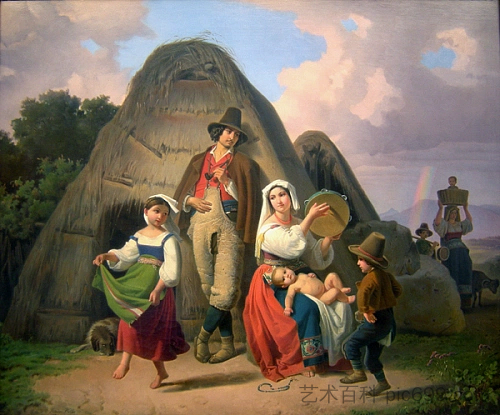 南方牧羊人家庭在草屋前与跳舞的孩子 Southern shepherd family in front of a straw hut with dancing children (1845),西奥多·利奥波德·韦勒