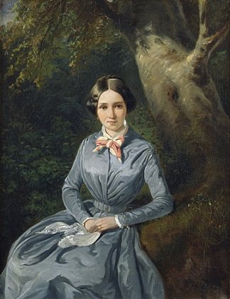 一个穿着蓝色连衣裙的年轻女子的肖像，坐在树前 Portrait of a young woman in a blue dress, sitting in front of a tree (1846)，西奥多·利奥波德·韦勒