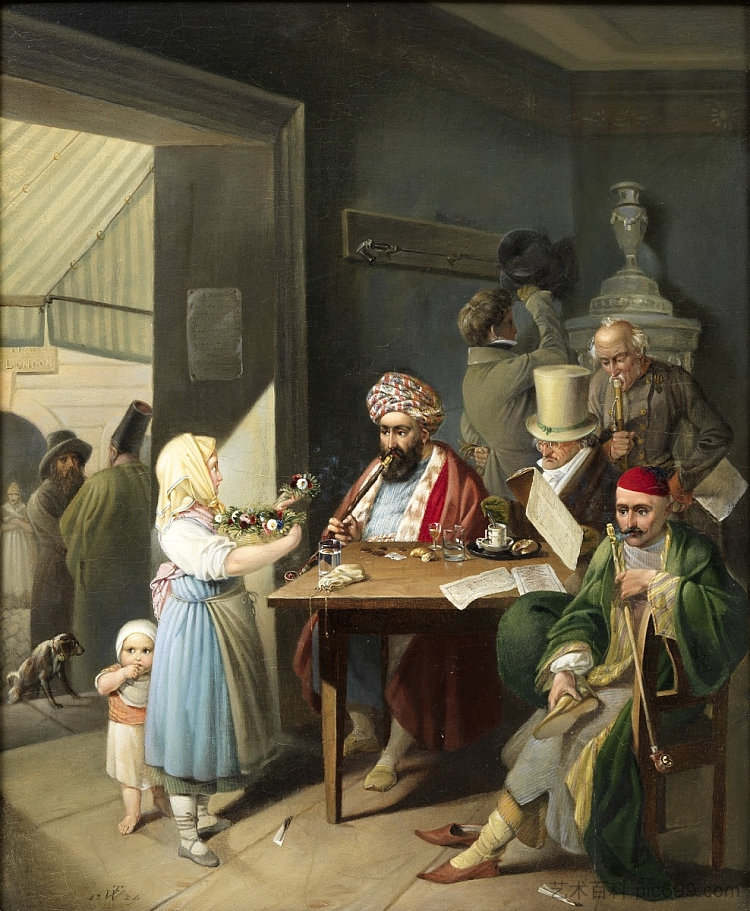 维也纳咖啡馆里的希腊人和土耳其人 Greeks and Turks in a Viennese Coffeehouse (1824)，西奥多·利奥波德·韦勒