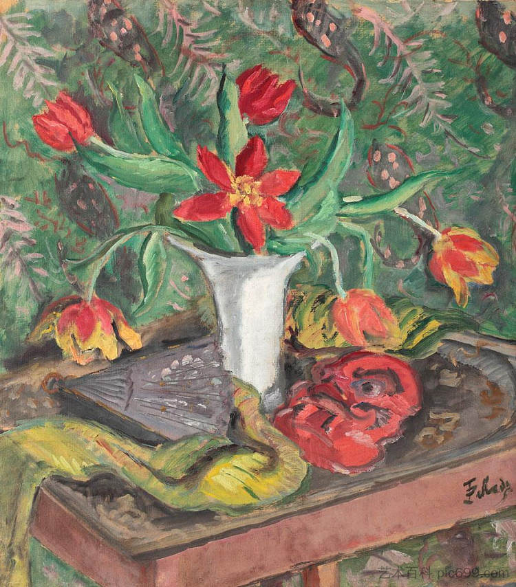 静物与百合花，扇子和红色面具 Still Life with Lilies, Fan and Red Mask (1925)，西奥多·帕拉迪