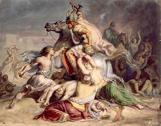 战斗场景，马背上的高卢战士 Battle scene, Gallic warrior on horseback，狄奥多·夏塞希奥
